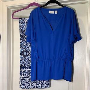 CHICO'S Elegant Blue Ruffle Sleeve Blouse and Wide Leg Traveler's Pants SET SZ 2